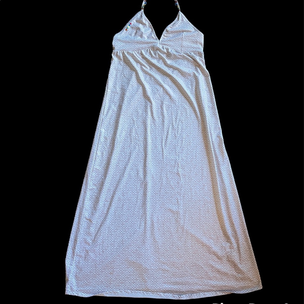 COOGI halter maxi beach dress logo print white/gold sz L